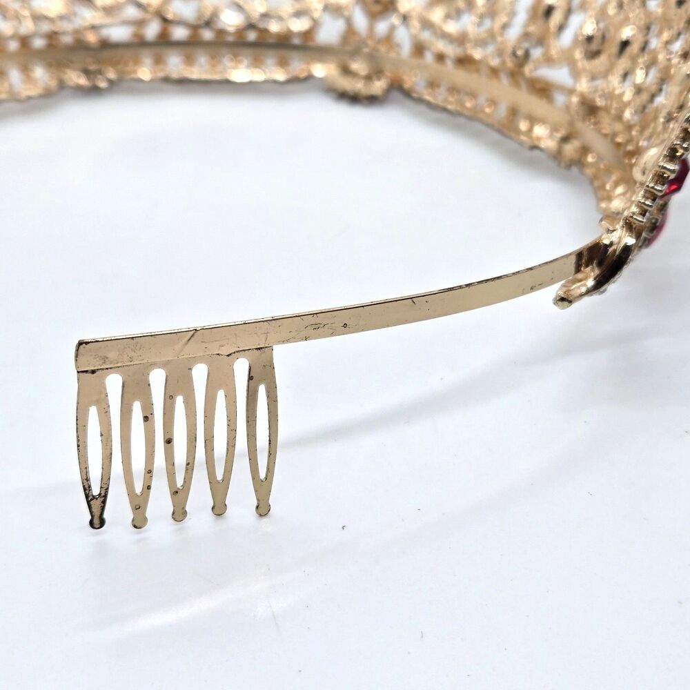 Gold Queen Tiara Crown Red Rhinestones Medieval Renaissance Costume Headpiece - Picture 7 of 8